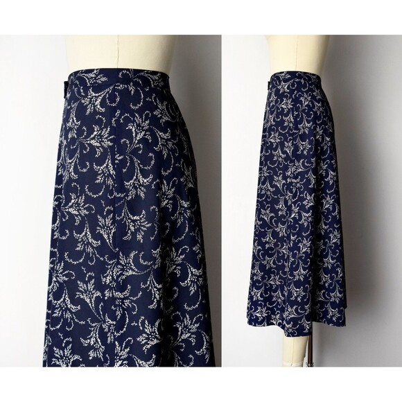 1990s Navy Midi Skirt Size Small 90s Button Front Skirt Vine Bouquet Print - Picture 3 of 9